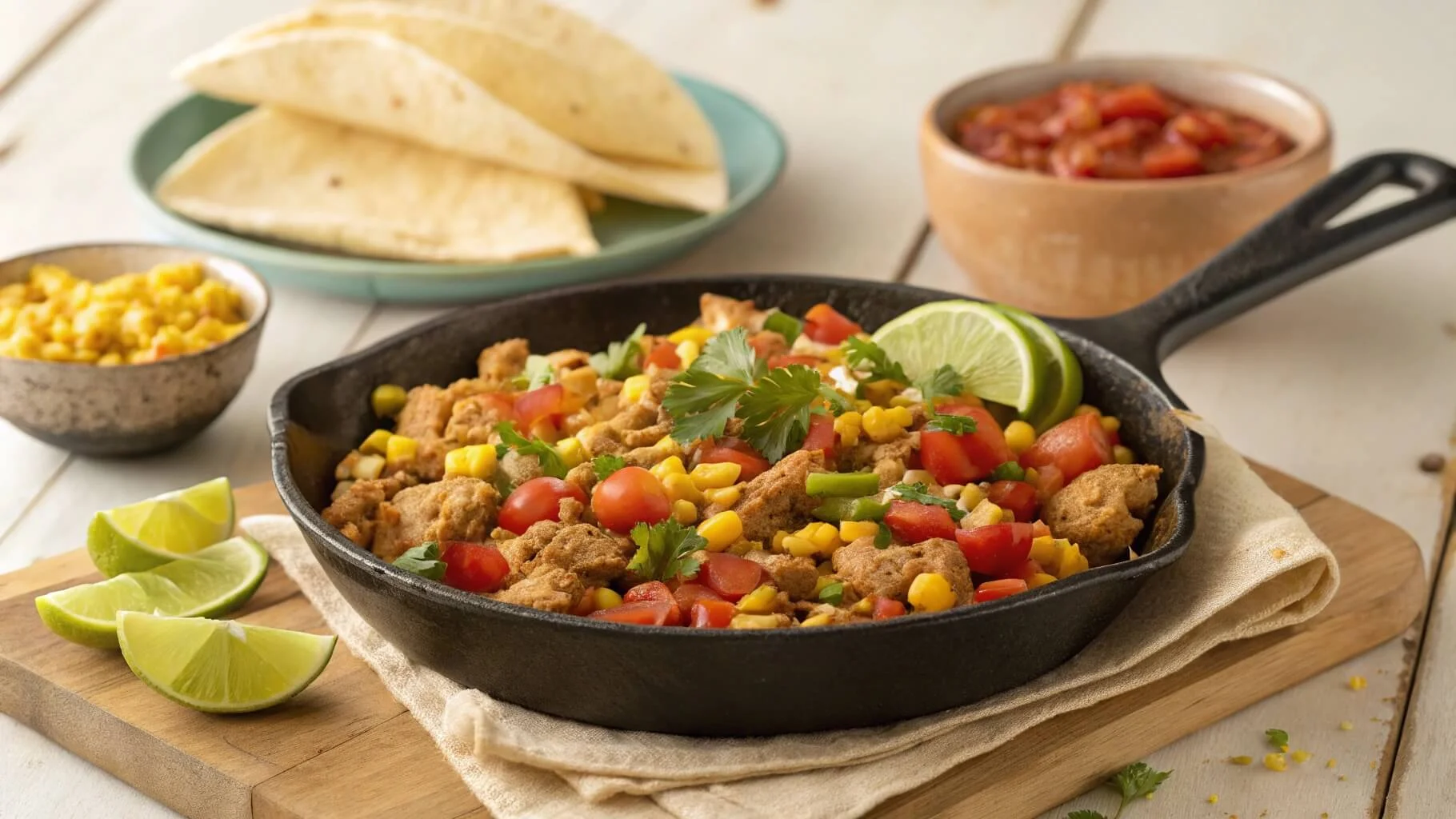 Ground Chicken Mexican Corn Recipe in a skillet with corn, tomatoes, and cilantro, served on a wooden table with lime and tortillas on the side.