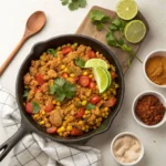 A plated Ground Chicken Mexican Corn Recipe in a skillet, garnished with cilantro and lime, with spices and ingredients arranged beside it.