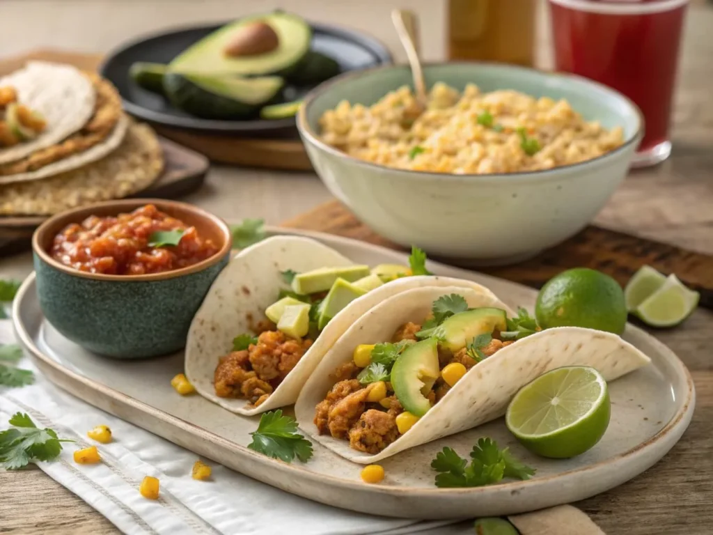 Three serving styles of Ground Chicken Mexican Corn Recipe: tacos with avocado, a rice bowl, and a burrito with melted cheese.