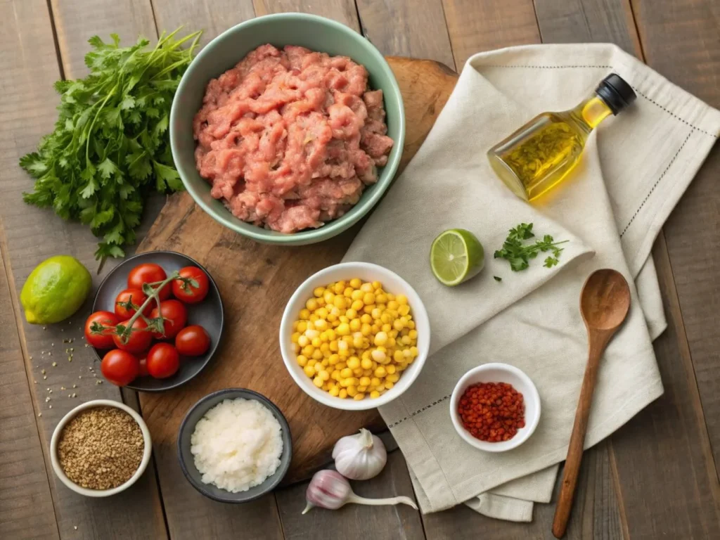 Flat-lay of ingredients for Ground Chicken Mexican Corn Recipe, including ground chicken, corn, tomatoes, spices, and lime on a wooden surface.