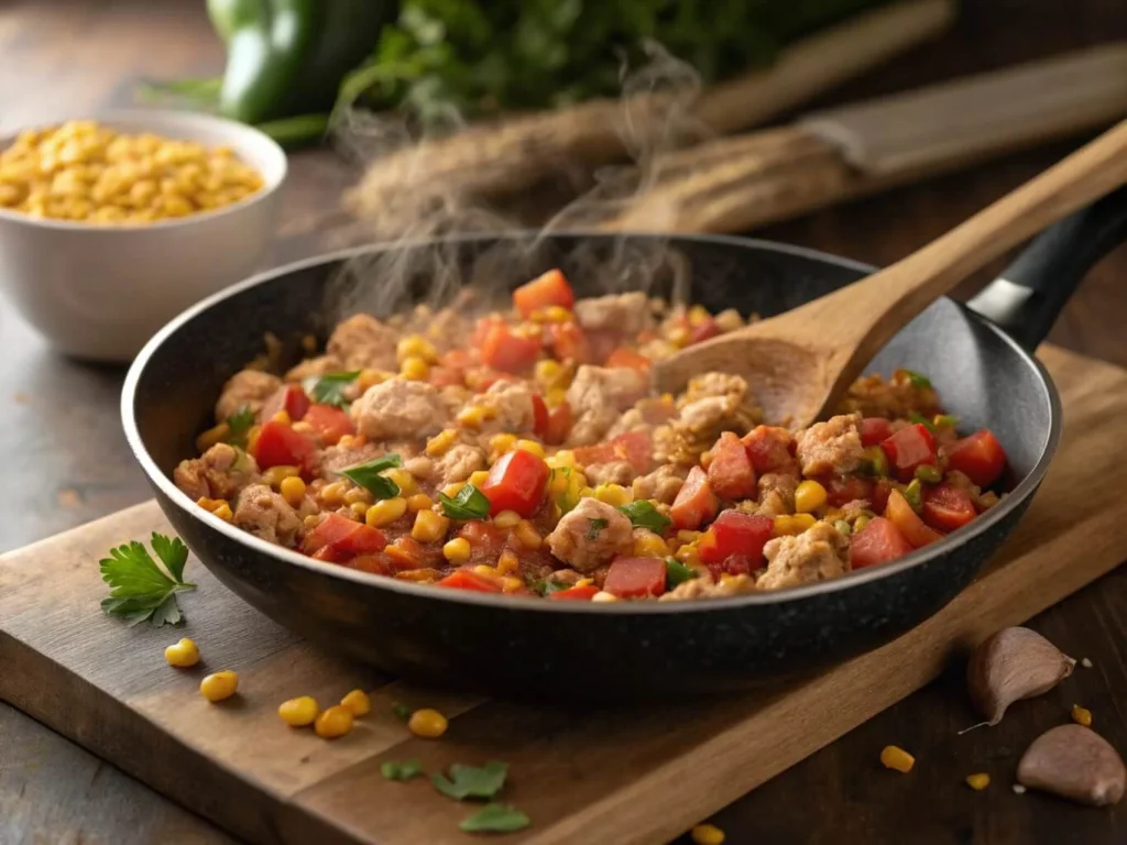 Ground Chicken Mexican Corn Recipe cooking in a skillet, with steam rising and a wooden spoon stirring the mixture.