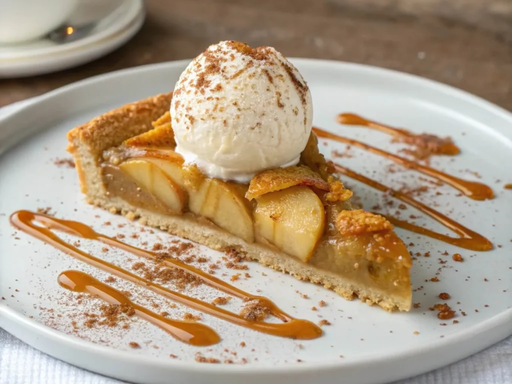 A slice of Easy Apple Pear Pie topped with ice cream and caramel drizzle.