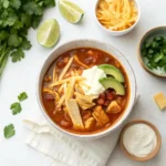 A bowl of Chicken Taco Soup with melted cheese and tortilla strips.