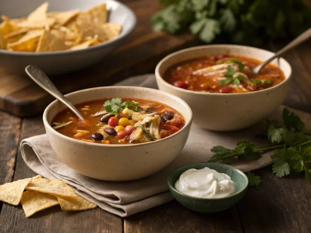 Two bowls of Chicken Taco Soup on a rustic table with tortilla chips and garnishes.