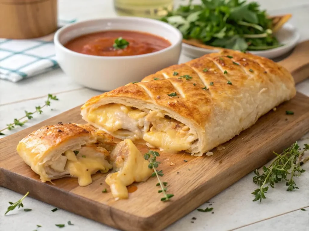 Sliced Chicken and Cheese Jalousie with melted cheese oozing out.