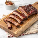 Beef back ribs with thick slices and visible bones, presented in a structured recipe card with cooking details.