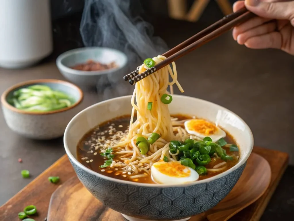 A person lifting ramen noodles from a bowl, highlighting the rich broth and toppings.