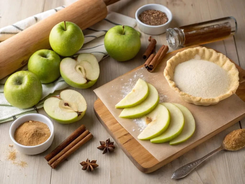 Fresh apples, pears, spices, and pie dough arranged for Easy Apple Pear Pie.