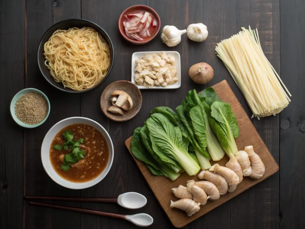  Fresh ingredients for slow cooker ramen, including noodles, soy sauce, miso paste, chicken, and vegetables.