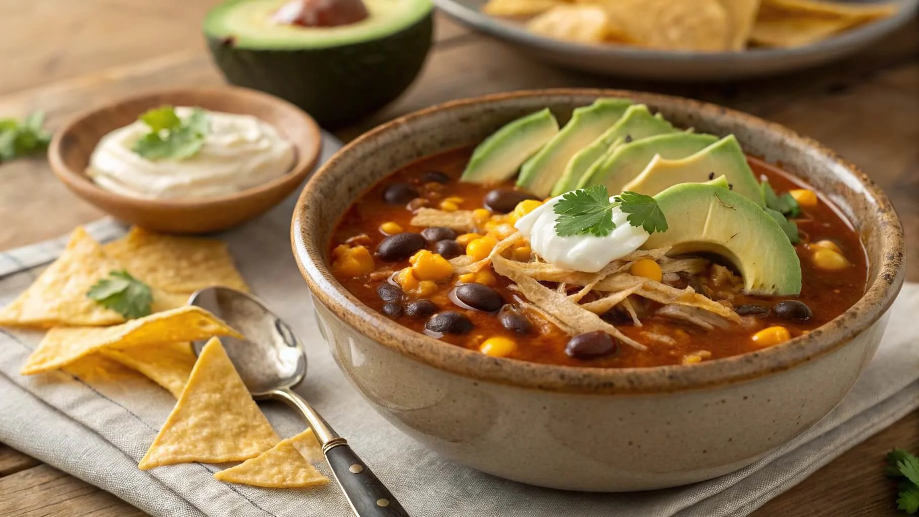 A hearty bowl of Chicken Taco Soup topped with cheese, avocado, sour cream, and cilantro.