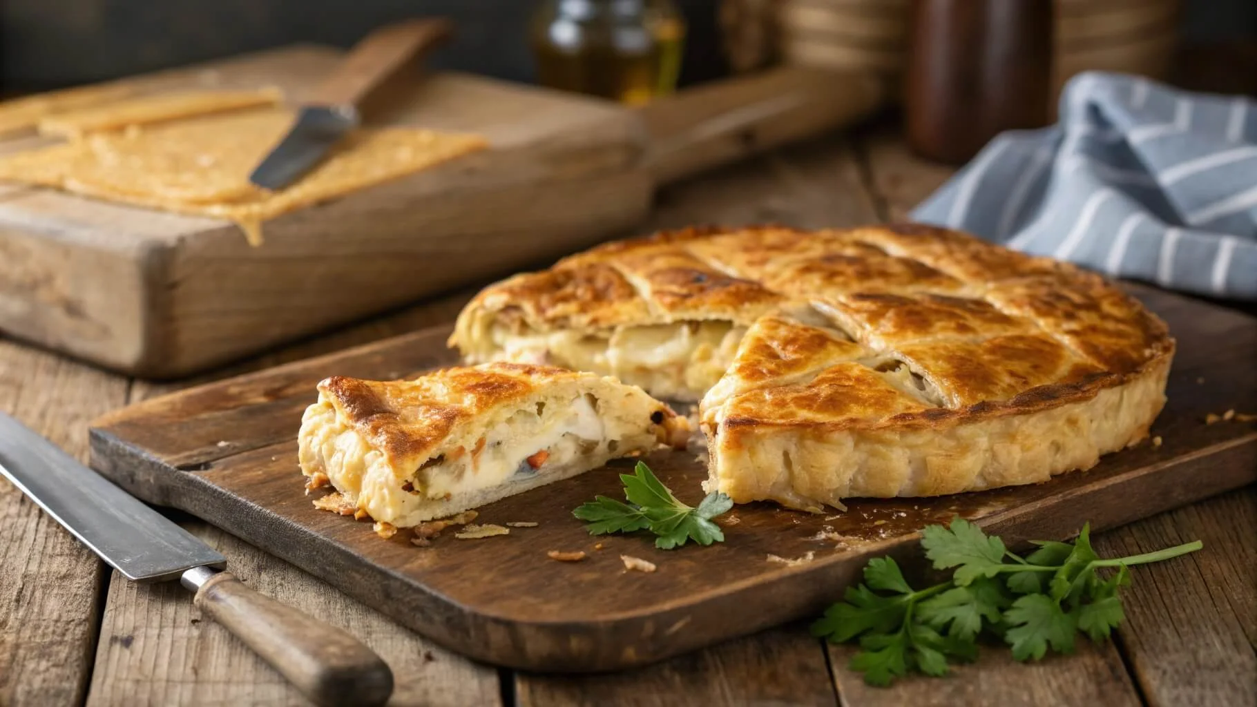 Golden-brown Chicken and Cheese Jalousie on a rustic wooden table.