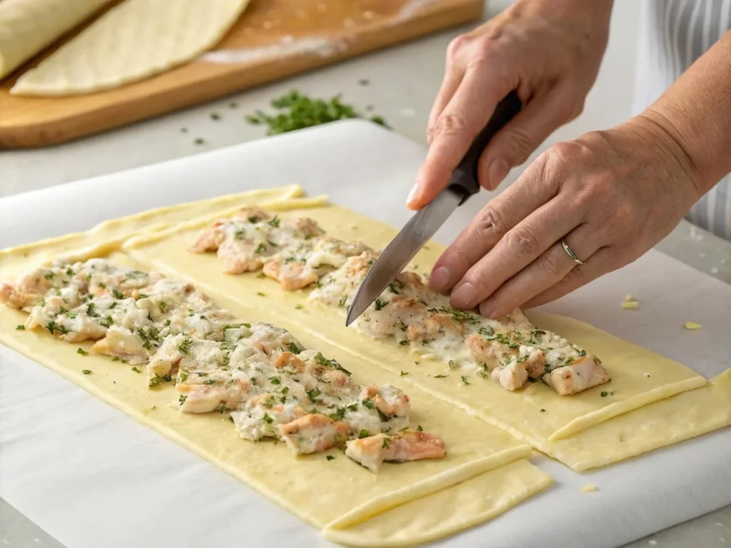 Hands assembling Chicken and Cheese Jalousie by layering the filling.