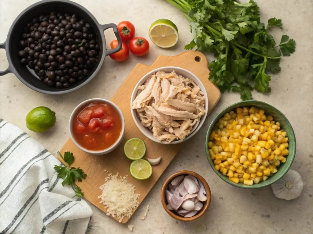 Fresh ingredients for Chicken Taco Soup, including chicken, beans, corn, tomatoes, and spices.