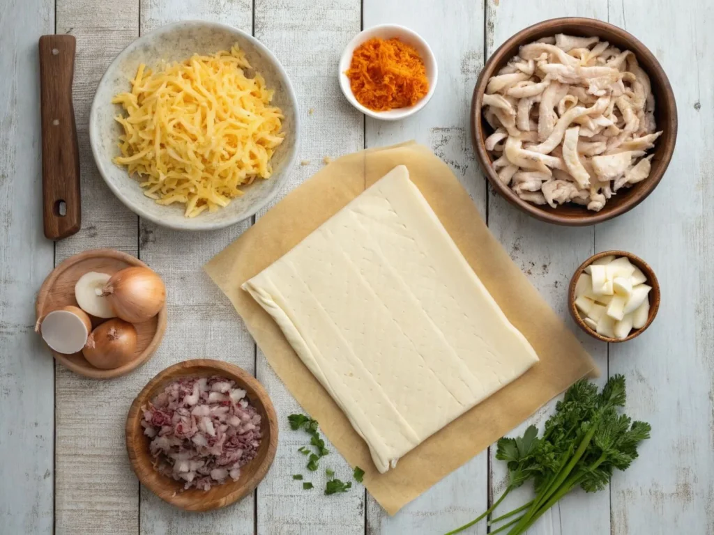 Ingredients for Chicken and Cheese Jalousie arranged on a countertop.