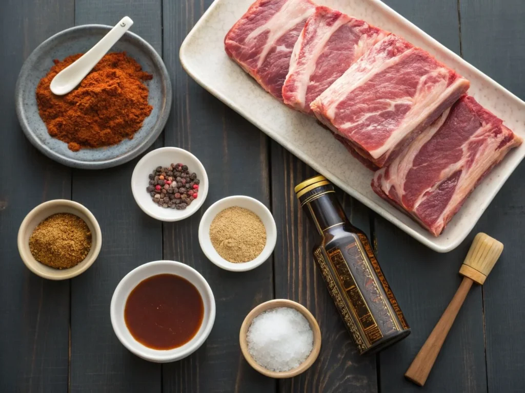 Ingredients for making beef back ribs with bone, including spices and BBQ sauce.