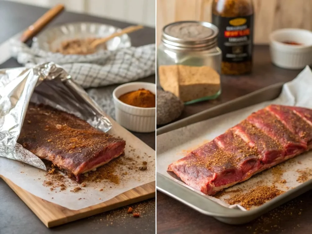 Step-by-step preparation of beef back ribs with bone, including seasoning and wrapping in foil.