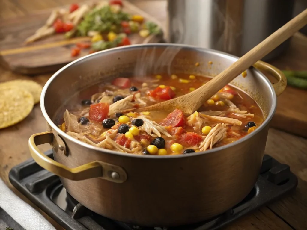 Chicken Taco Soup simmering in a pot with shredded chicken, black beans, and corn.