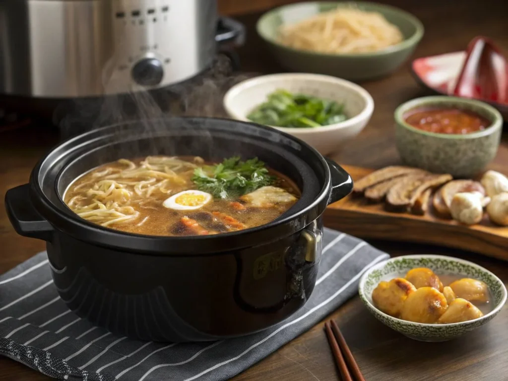 A slow cooker filled with rich, simmering ramen broth made with soy sauce, miso, and garlic.