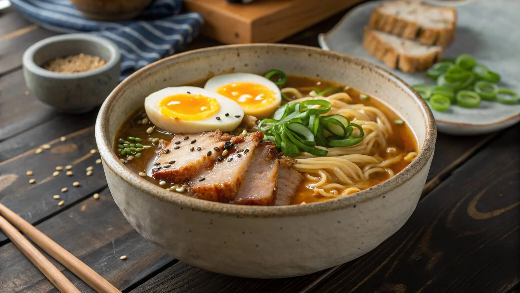 A bowl of slow cooker ramen noodles with toppings like soft-boiled eggs, pork belly, and green onions.