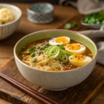 A bowl of slow cooker ramen noodles with soft-boiled eggs, green onions, and a rich, flavorful broth.