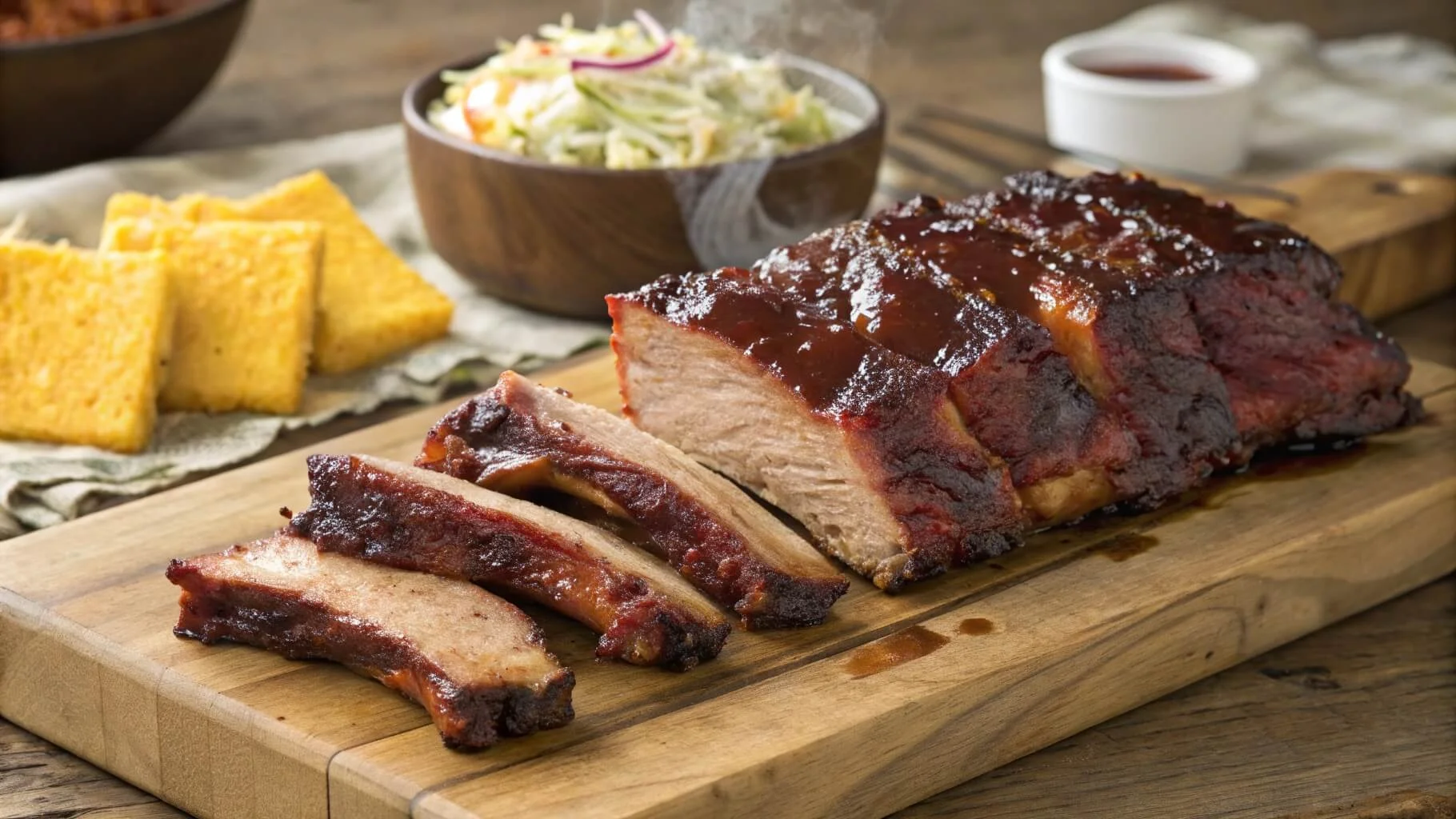 Juicy beef back ribs with bone, glazed with BBQ sauce, served on a rustic wooden board.