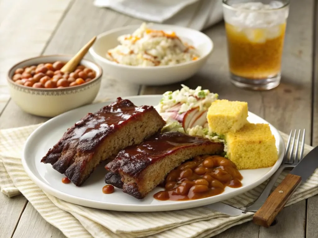  A plated serving of beef back ribs with bone, glazed with BBQ sauce and served with classic BBQ sides.